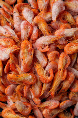 A vibrant collection of frozen shrimp fills the market display. Their bright orange hue reflects the freshness of ocean delights, inviting shoppers to explore the day's catch