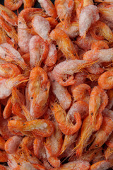 Vendors showcase a large pile of teeming, freshly captured shrimp, glistening from a light layer of ice in a bustling market, inviting hungry shoppers at dawn