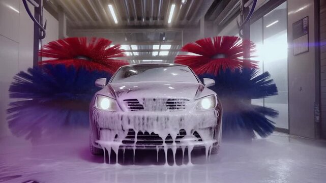 Automatic car wash brushes rotating vigorously cleaning white luxury sedan covered completely in thick white foaming soap solution tunnel.