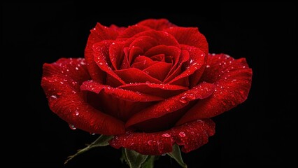 Red rose with dew drops isolated on black background. Close-up of a vibrant red flower. Fresh and blooming rose. Nature, beauty, and elegance.