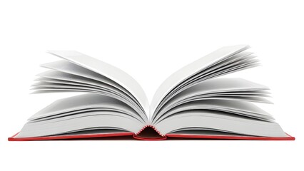 Fototapeta premium An open book with white pages and a red cover on a white background