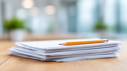 A close view shows a stack of test papers neatly arranged on a light wooden desk with a pencil placed diagonally. The setting has bright lighting and spacious composition