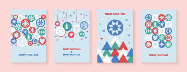 Collection of Christmas greeting cards. Abstract design. Christmas ball, tree and snowflakes. Vector illustration