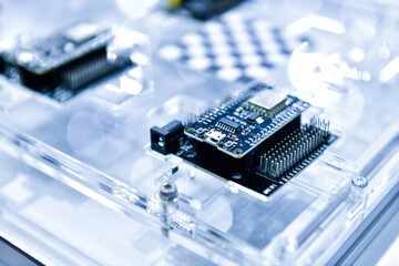 Macro Shot of Computer Processor Production Line print circuit board (PCB) in Bright Environment in Factory.