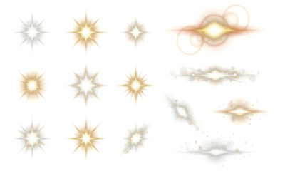 Bright lens flare collection. Transparent glow effects, star flashes, shiny rays and glowing light spots for photo overlays, digital design, nature sunshine, sky illumination, and decoration.