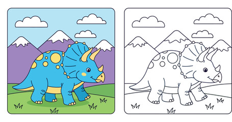 Cute cartoon Triceratops dinosaur vector illustration with black and white outline for coloring book page educational printable for kids in prehistoric nature landscape © SHOHAG
