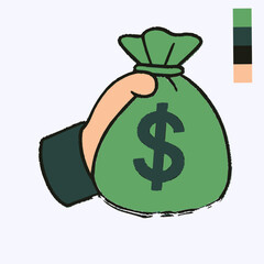 Cartoon Hand Holding Green Money Bag with Dollar Sign