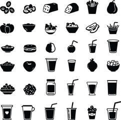 Monochrome Vector Illustration of Food and Drink Items Depicted in Minimalist Silhouettes Featuring Fruits, Vegetables, Bread, Donuts, Bowls, French Fries, Beverages, Jars, and Snacks to Represent 