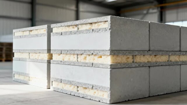 Medium shot of polystyrene insulated concrete forms stacked neatly showcasing lightweight materials designed for superior thermal insulation in modern construction.