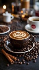 Steaming cup of coffee with latte art on a saucer surrounded by coffee beans