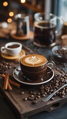 Steaming cup of coffee with latte art on a saucer surrounded by coffee beans