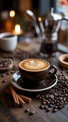 Steaming cup of coffee with latte art on a saucer surrounded by coffee beans