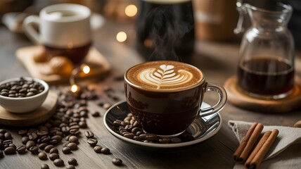 Steaming cup of coffee with latte art on a saucer surrounded by coffee beans