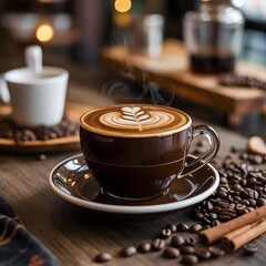Steaming cup of coffee with latte art on a saucer surrounded by coffee beans