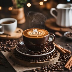 Steaming cup of coffee with latte art on a saucer surrounded by coffee beans