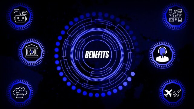 Benefits Workflow Futuristic Interface | Corporate Value Distribution, Employee Support Process, Compensation Insight Loop, Organizational Efficiency & Workplace Strategy Animation