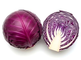 Whole and halved red cabbage displaying vibrant magenta color and an intricate inner pattern of purple and white layers, isolated on white.