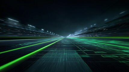 Futuristic Data Stream Perspective with Neon Green Lines and Dynamic Digital Landscape at Night