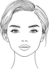 Monochrome Vector Illustration of Human Face Depicted in Minimalist Line Art Featuring Detailed Eyes, Eyebrows, Nose, Lips, Ears, and Hair Texture to Represent Portrait Study, Anatomical Proportion, 