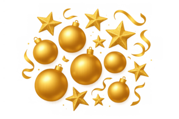 Golden christmas ornaments and stars decorates festive holiday celebration with shiny metallic baubles and confetti, transparent background