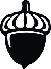 Monochrome Vector Illustration of Acorn Depicted in Minimalist Silhouette Featuring Rounded Nut Body with Textured Cap and Stem to Represent Nature Symbolism, Growth Potential, and Botanical Identity