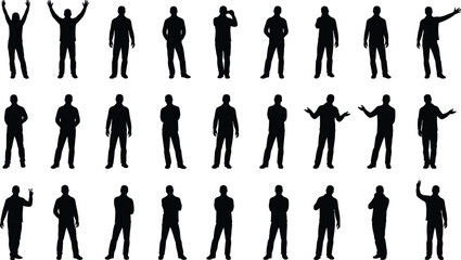 Silhouette grid of expressive standing poses, black figures, white background, body language gestures, character design, posture diversity, animation reference © Salman