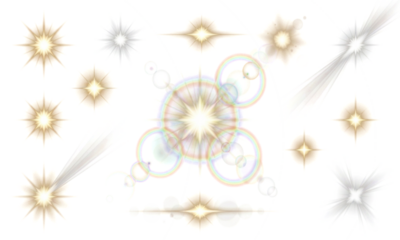 Bright lens flare collection. Transparent glow effects, star flashes, shiny rays and glowing light spots for photo overlays, digital design, nature sunshine, sky illumination, and decoration.