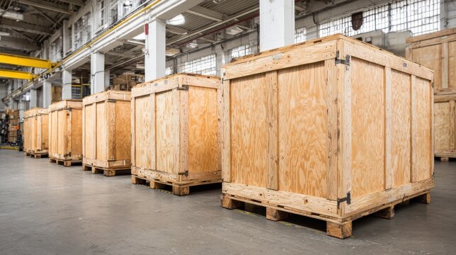Wooden crates sit on pallets in a warehouse. The crates are organized in a row, and the space has clear industrial features and good lighting. This area is used for storage and logistics