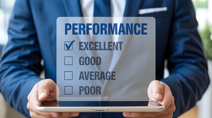 Businessman using smartphone with performance evaluation form on virtual screen