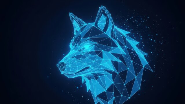 Geometric blue wireframe wolf head with glowing nodes and lines against a dark starry