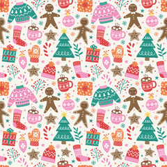 Colourful Christmas background with cartoon ornaments. Seamless texture design. Vector illustration