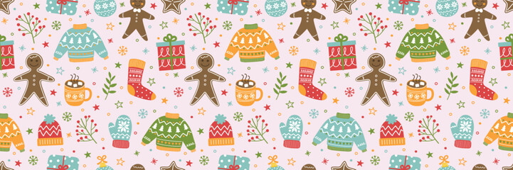 Colourful Christmas seamless pattern with cartoon decorations. Banner. Vector illustration