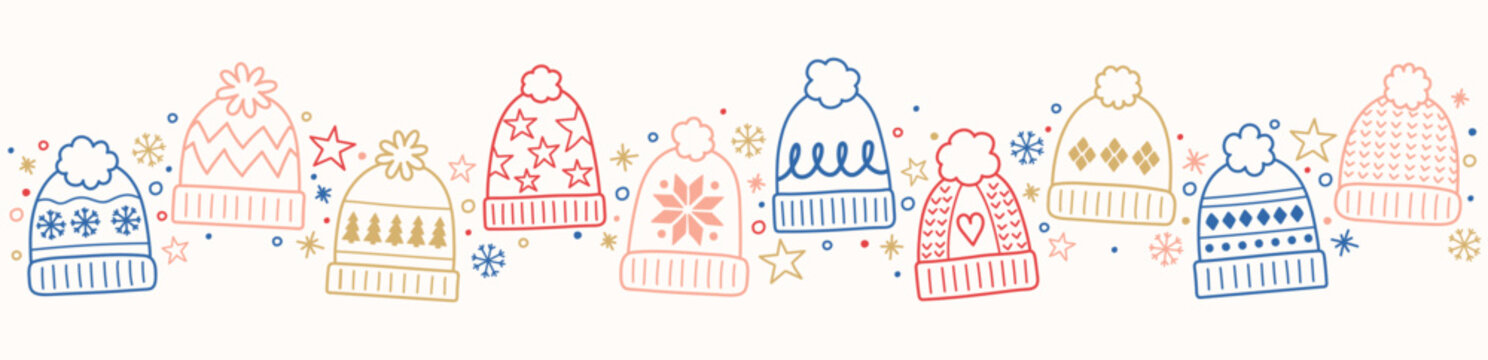 Christmas banner with funny hand drawn winter hats. Vector illustration