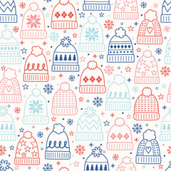 Colourful hand drawn winter hat background. Christmas seamless texture. Vector illustration