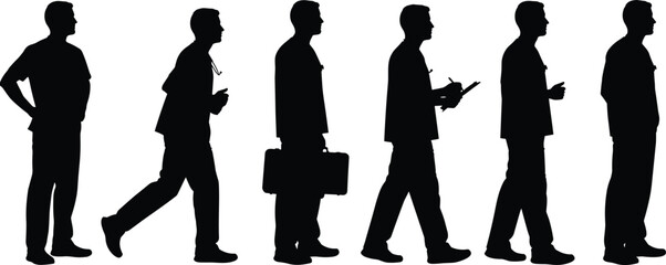 Silhouette sequence of professional journey, black figures, white background, career progression, walking poses, stethoscope attire, transformation theme