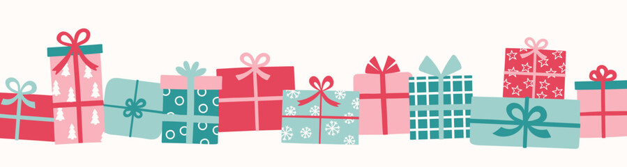 Christmas banner with hand drawn presents with bows. Vector illustration