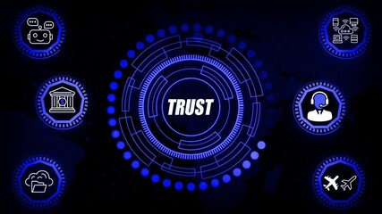 Trust-themed interface animation displaying reliability cues, credibility mapping visuals, assurance signals and relationship integrity indicators for corporate communication design