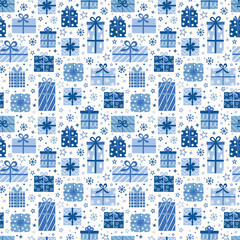 Colourful seamless pattern with cute hand drawn presents. Christmas background concept. Banner. Vector illustration