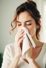young woman blowing her nose
