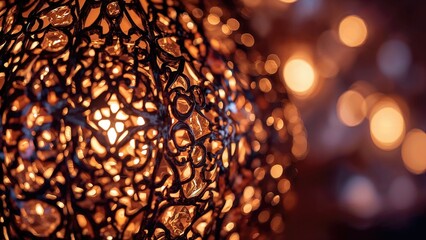 Close-up of an intricate, decorative hanging lamp with warm glowing light and bokeh background.