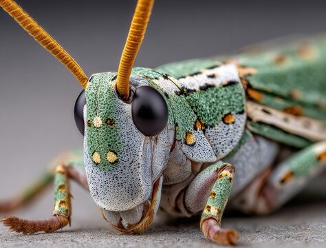 a close-up of the head and face of an inchworm moth, showcasing its distinctive features such as large black eyes with silver pupils
