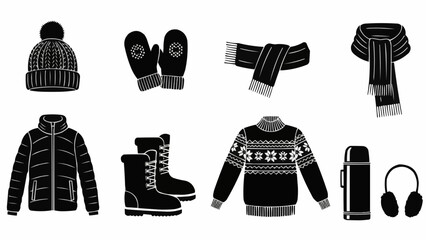 Winter Clothing and Accessories Collection Black and White Illustration.