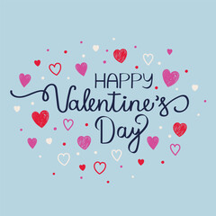 Happy Valentine&rsquo;s Day calligraphy. Greeting card design with hand drawn hearts. Vector illustration