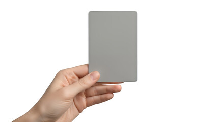 Hand holding gray card isolated on transparent background