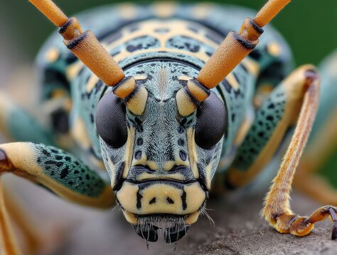 a close-up of the head and face of an inchworm moth, showcasing its distinctive features such as large black eyes with silver pupils