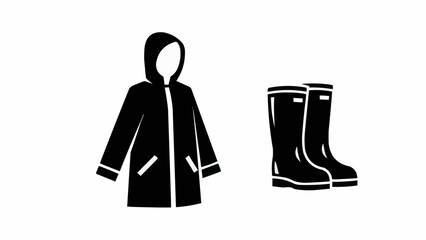 Raincoat and Rain Boots Black and White Illustration.