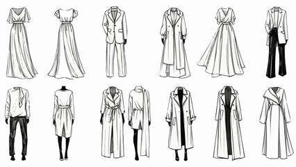 Collection of Fashion Sketches Featuring Elegant Dresses and Chic Outfits.