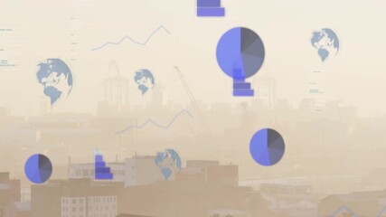 Data visuals fading in over hazy port skyline, globes scaling and pulsing showing cargo trends - Powered by Adobe