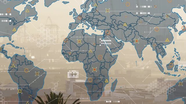 Blue map outline drawing left, expanding, filling markers, showing global trade over hazy harbor