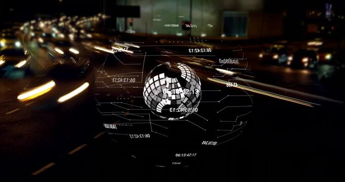 Data ping causing holo shifting cage to globe, splitting, reforming mirror globe showing traffic